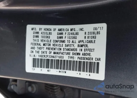 2017 Honda Accord Lx из США, поврежденный, VIN 1HGCR2F33HA271805